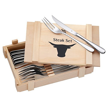 WMF Steakbesteck 12-teilig, Steakbesteck Set für 6 Personen, Steakmesser Set, Steakgabel, Cromargan Edelstahl poliert, Grillbesteck in Holzkiste im Sale